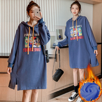 Pregnant Woman Autumn Winter Dress New Plus Suede Thickened Cap Cartoon Sweatshirt With Large Size Loose slim Long sleeves jacket