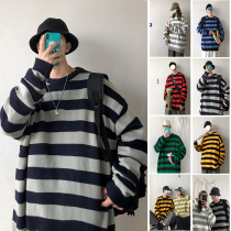 Hong Kong fashion trend striped crew neck sweater Mens fashion brand autumn Korean version loose neutral college wind base sweater