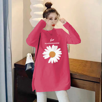 Pregnant womens coat base shirt autumn Korean version of loose long round neck split cotton cotton inner size long sleeve T-shirt