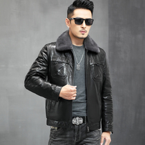 Haining leather leather mens down jacket goatskin coat mink lapel short middle-aged casual leather jacket thick winter