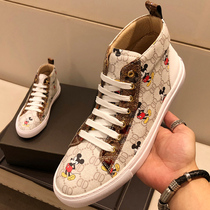  Official flagship store Little bee high-top shoes mens Mickey printed white shoes mens tide brand leather casual board shoes