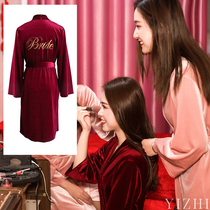 Autumn and winter bride morning gown bridesmaid group embroidery gold velvet robe Lady wedding red cardigan with hand gift pajamas