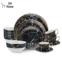 JanHome dishes set home European American gold edged marble black bone china Jingdezhen tableware set