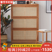 Japanese cherry wood rattan woven breathable shoe cabinet home door porch cabinet solid wood ultra-thin bucket locker simple