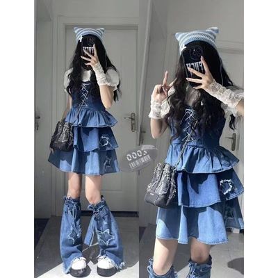taobao agent Japanese cute design denim suspenders, mini-skirt, trend of season, suitable for teen