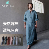 Summer-thin cotton numb sleeping robe mens art retro long gown sleeping skirt bathrobe home for mens loose big code hemp cotton pajamas