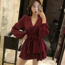 Autumn and winter new womens loose thin sexy temperament V collar long sleeve strappy small man dress A- line dress women