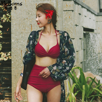 Swimsuit Womens Bikini Small Chest Gathers 2021 New Sexy High Waist Slim Beach Holiday Three Piece Swimsuit
