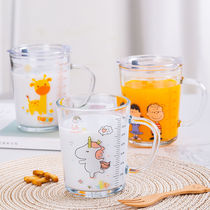 With scale cup Glass Milk cup Breakfast cup Childrens cartoon water cup Brewing milk powder cup Drop-resistant straw