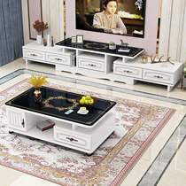 New European style rounded tea table combination set living room small household tempered glass tea table telescopic TV cabinet tea table