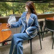 Small fragrant wind set autumn and winter 2021 new female fashion temperament celebrity sandwich cotton thick wide leg pants two-piece foreign gas