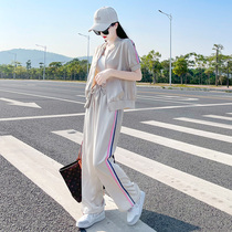 2022 Summer New Casual Sports Suit Women Fashion 100 Hitch Loose Cardiovert Short Sleeve Broadlegged Pants Two Sets Tide