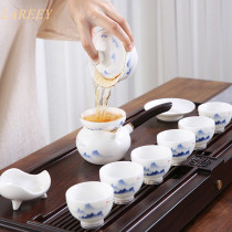 LAREEY high-end sheep fat jade porcelain Kung Fu tea set Household living room hand-painted landscape painting ceramic cover bowl teapot