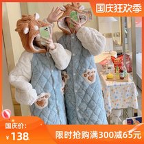 Couple long robes female coral velvet autumn and winter cute three-layer cotton thickened warm Mens flannel pajamas