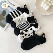 Socks Children Ins Tide Socks Black & White Embroidery Short Socks Shallow Mouth Summer Korea Cartoon Cows Cute Day Series Boat Socks