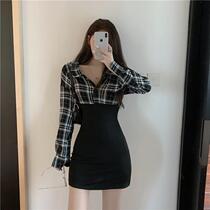 Plaid Retro Shirt Collar Dress Women Summer Sexy Sskinny Short Dress 2021 New Temperament Skirt