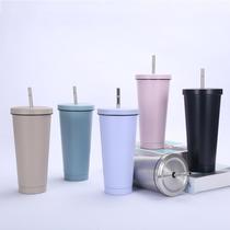 750ml Stainless Steel Straw Cup Double Vacuum Coffee Cup 304 Insulated Cup On-board Water Cup Pearl Milk Tea Lid