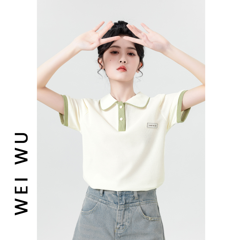Contrast Polo Neck Short Sleeve T-shirt Women's Summer 2023 New Small Fresh Polo Neck T-shirt Doll Neck Shoulder Top