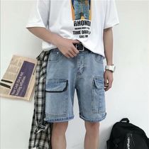 Denim shorts mens summer thin trendy brand loose straight tube large pocket five-point pants mens casual sports tooling pants