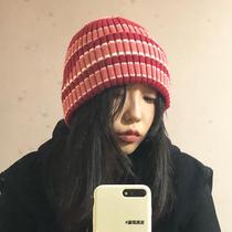 Color matching layering red blue and green woolen hat for men and women couples autumn and winter knitted hat warm color stripe cold hat