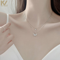 Butterfly double-layer sterling silver necklace Light luxury niche design sense temperament ins tide simple net red pendant clavicle chain female