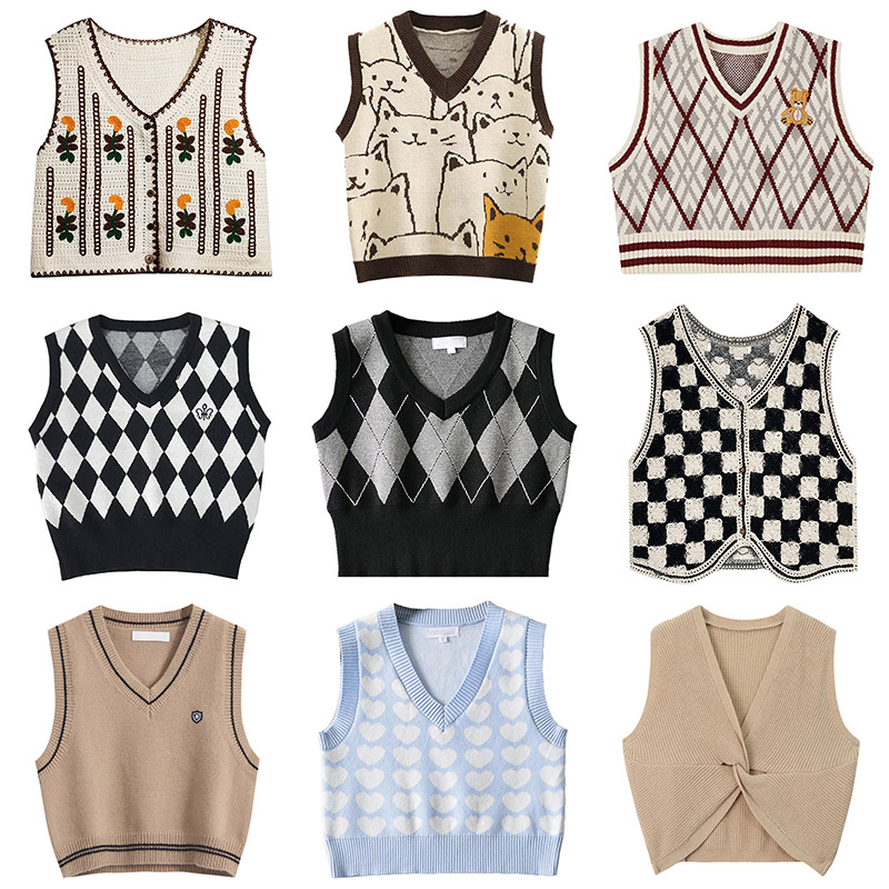 PAIXIANG/Retro Contrast Plaid Knitted V-neck Vest Women's Spring New Design Sleeveless Top