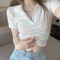 Short top womens summer design sense niche 2021 new Korean style chic striped short-sleeved POLO collar lapel T-shirt