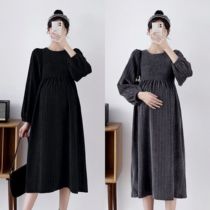 Pregnant women autumn and winter dress foreign style Net red thin gold velvet check A- line dress late pregnancy belly base skirt
