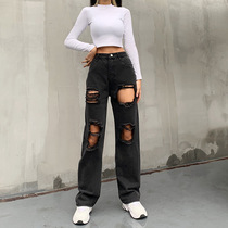 2021 European and American street fashion trend solid color high waist button personality hole loose straight pants trousers women