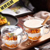 Large capacity glass breakfast cup household Womens belt Yogurt oatmeal milk bubble cereal bowl water cup with lid spoon