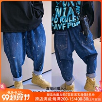 Boys pants childrens vintage overalls splashing ink jeans 2021 autumn new high street Harlan big stall trousers tide