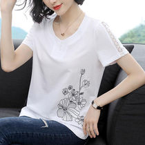 Pure cotton short sleeve t-shirt female art embroidered new middle aged mother summer clothing blouse easy to beat undershirt big code