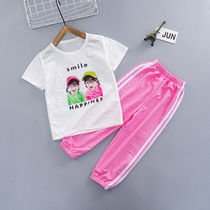  Girls  suit casual Korean version of the big childrens two-piece girls summer round neck short sleeve Western style nine-point pants tide