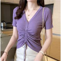 Ice Silk V-neck drawstring short sleeve t-shirt women 2021 summer new button pullover slim knitted base shirt blouse