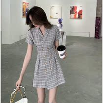 2021 summer new womens French retro plaid skirt short-sleeved dress female