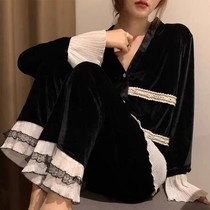 New Korea Ins Autumn Winter V collar pair flap trim Velvet Organ Horn Cuff Black Home Suit Sleepwear Woman