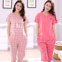 Middle-aged mother pajamas female summer cotton short sleeve Capri pants home clothes ladies plus size loose casual set