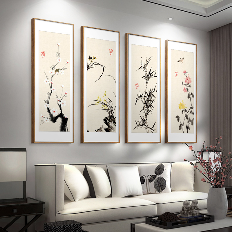 梅蘭、竹、菊の新しい中国風のリビングルームのソファの背景の壁の装飾絵画ティールームのプライベートルームの吊り下げ絵画レストランの4画面壁画