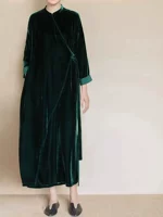 Элитное ретро бархатное зеленое платье, свободный крой, китайский стиль