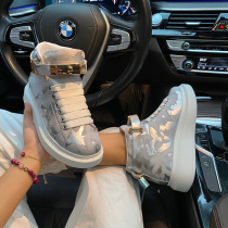 European Station Graffiti Hand Painted Mckun Lock Head High Bunch Shoes Woman 2022 Burst Genuine Leather Thick Bottom Sneaker Lovers Board Shoes