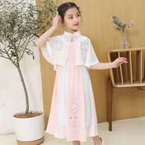 Summer dress new national retro style girls  dress Tang dress Han suit Chiffon vest dress with shawl Middle child