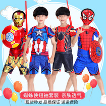 Steel Spider-man childrens suit short-sleeved summer clothes Captain America clothes Ultraman childrens clothing boys summer quick-drying clothes