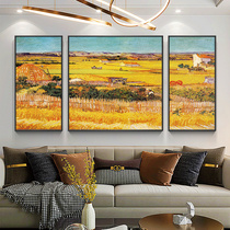 Pure hand-painted oil painting Van Gogh harvest living room sofa background wall decorative painting landscape painting modern simple triple hanging painting
