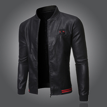 Tide brand high-end plus velvet leather jacket mens coat 2021 autumn and winter New Korean slim locomotive handsome embroidery leather jacket