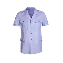 Genuine 87 summer empty blue short sleeve shirt nostalgic dry four pockets back split vintage male shirt