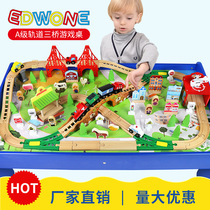 Train track building blocks multifunctional game table childrens early education puzzle assembly wooden building block toy table boys and girls