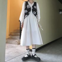 2021 spring new set strap long sleeve temperament high waist simple vest art department dress two piece female