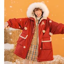 Big wool collar cotton jacket winter dress cute bear ears hairball long plus velvet padded padded coat student girl