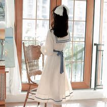 Academy wind navy collar dress women early spring new white small man long dress French gentle wind A- line dress tide