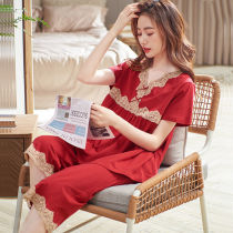 Red pajamas womens summer cotton short-sleeved three-point pants loose home clothes large size can be worn outside thin suit women